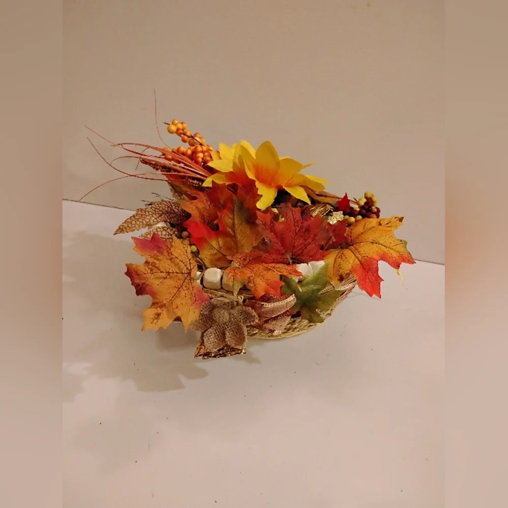 Autumn Harvest Floral Berries Leaves Small Basket Mixed Media Homemade Accents